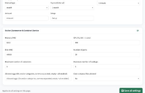 Admin: RAM, CPU, ports and eggs per plan