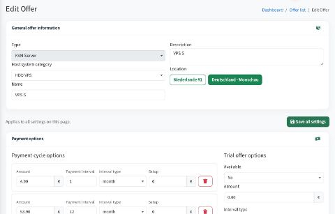 Admin: configure a VPS offer
